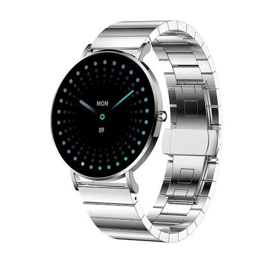 Silver Smartwatch with Metallic Link Band Luxury Classic Round Dial Smartwatch – Stainless Steel Edition The Convergence of Tech and Style: Round Metallic Smartwatch he Convergence of Tech and Style: Round Metallic Smartwatch  Sleek Silver Smartwatch
